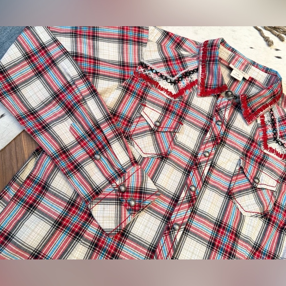 Ariat Western Plaid Pearl Snap Shirt - Embroidered Yoke - L